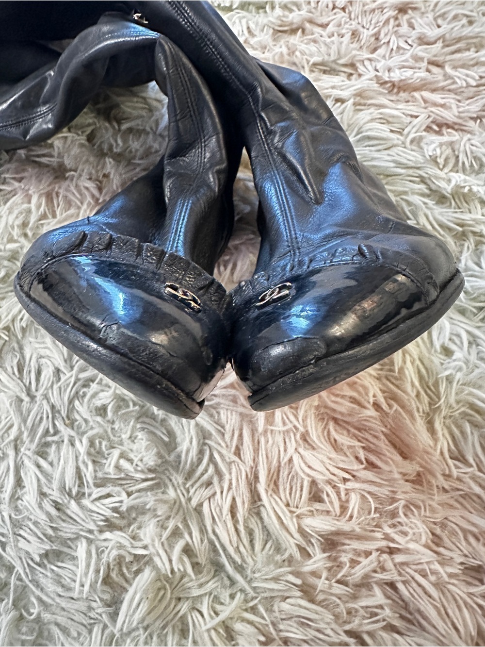 Chanel Knee High Cap Toe Ruffle CC Boots Size 36.5 - Picture 6 of 13